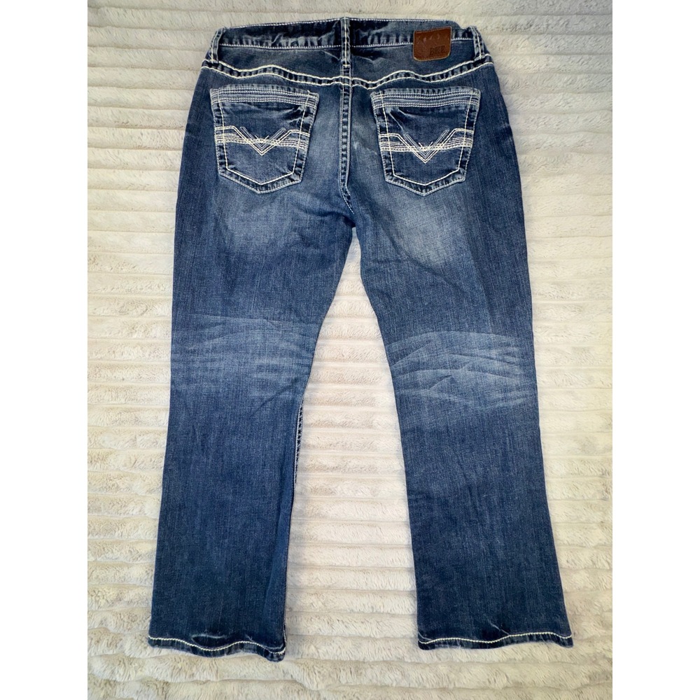 BKE Derek Bootcut Jeans Mens 36R Medium Wash Thick Stitch Denim Blue - Picture 11 of 14